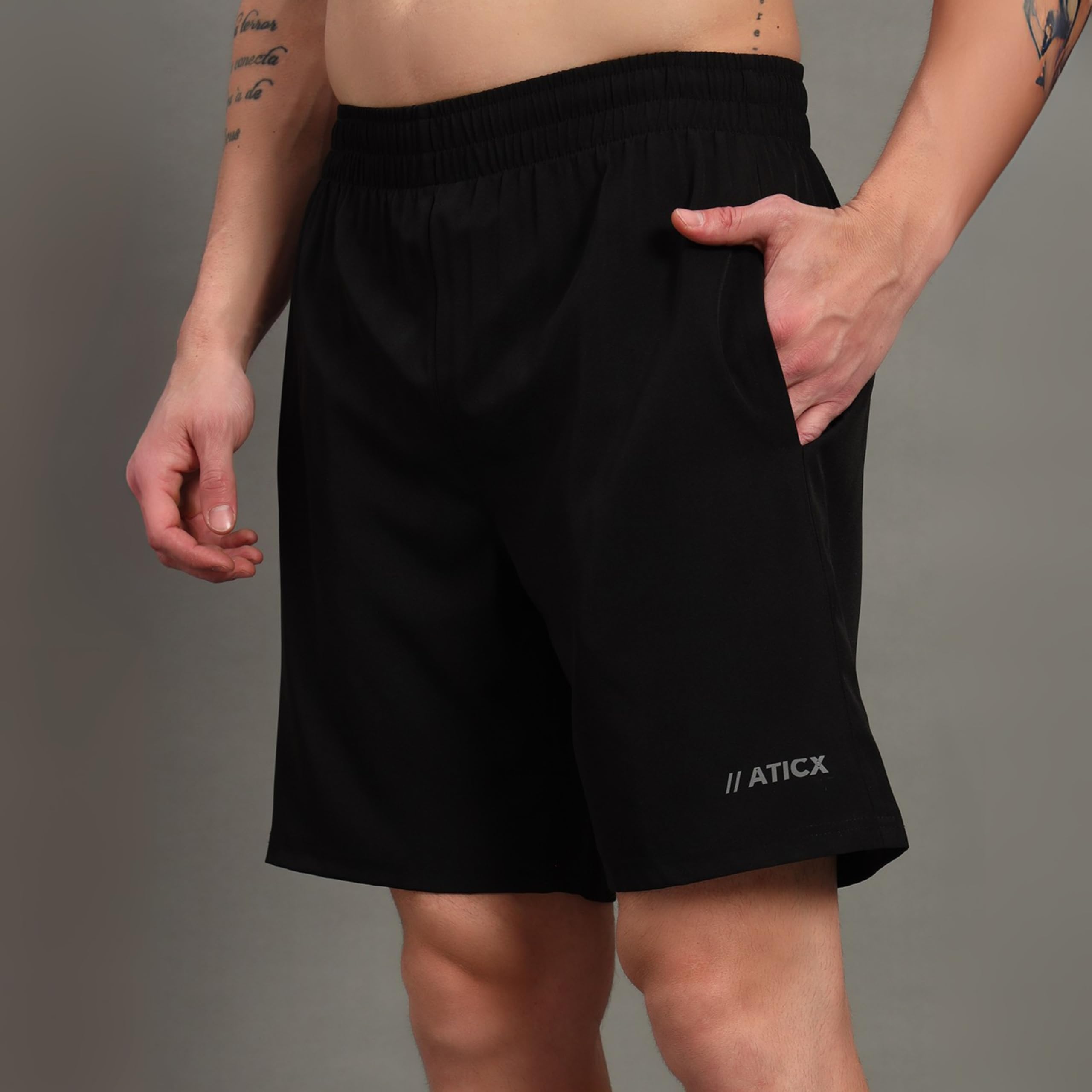 ATICX Polyester Shorts for Men - Quick Dry Lightweight with Zipper Pockets - Gym, Running, Jogging, Training Half Pants for Basketball, Swimming, Badminton, Outdoor & Home Wear, Simply Black, XXL