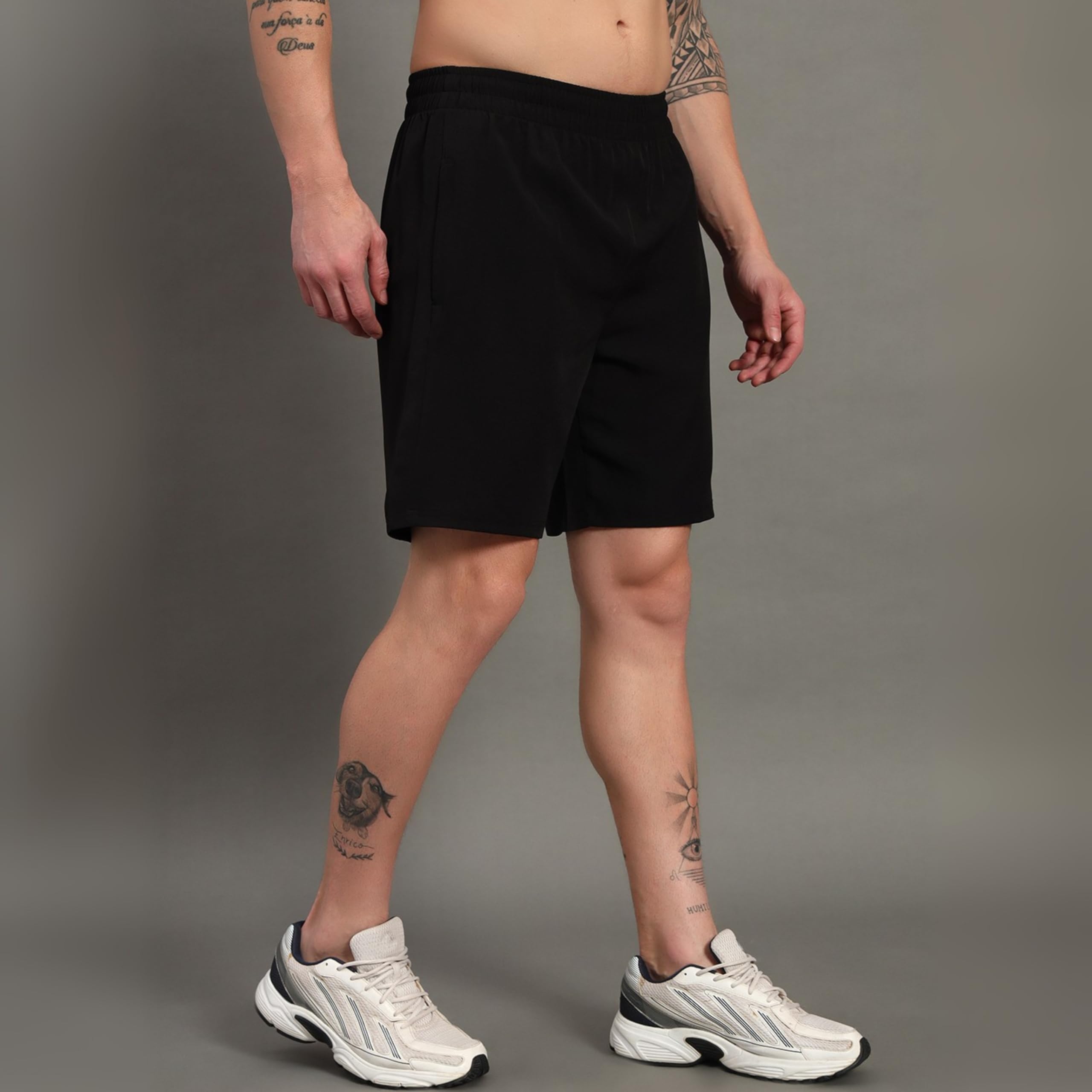 ATICX Polyester Shorts for Men - Quick Dry Lightweight with Zipper Pockets - Gym, Running, Jogging, Training Half Pants for Basketball, Swimming, Badminton, Outdoor & Home Wear, Simply Black, M